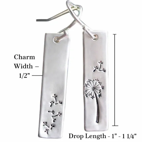2/$30 🔥 Hand Stamped Silver Bar Earrings | Dandelion Botanical Drop Earrings - Picture 4 of 4